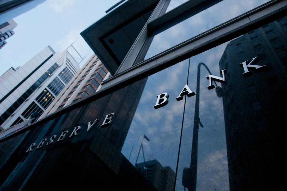 Sydney, Australia - December 6, 2015: Reserve bank of Australia (RBA) silver text on the black stone wall in front of its office building in Sydney central business district. There is no people in the photo. This photo is taken in the afternoon.