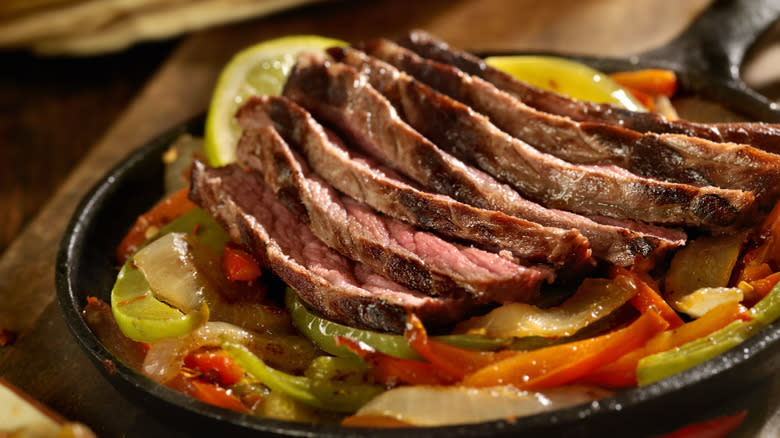 Skillet of steak fajitas