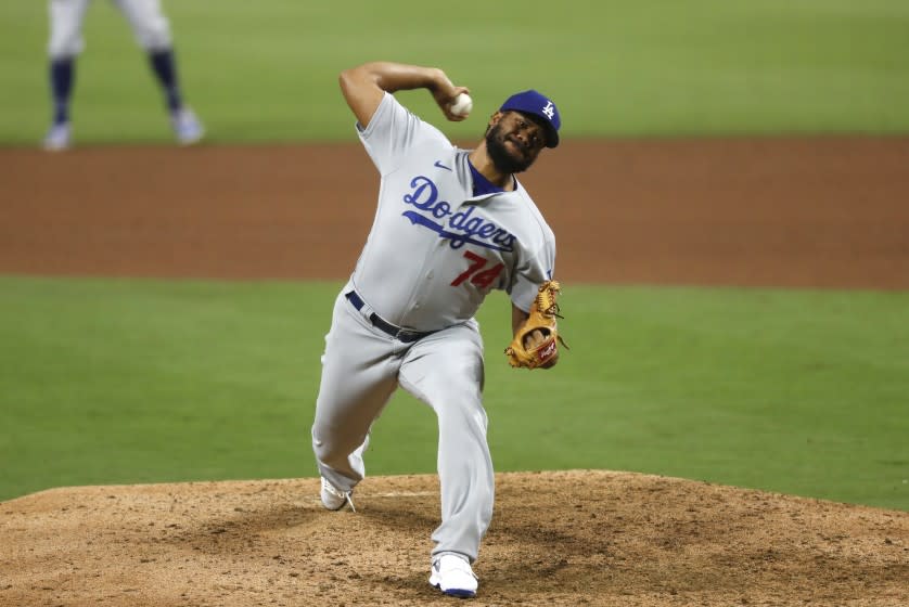 Los Angeles Dodgers Kenley Jansen pitches the 9th inning in a 5-2 win over the San Diego Padres at Petco Park on August 4, 2020.