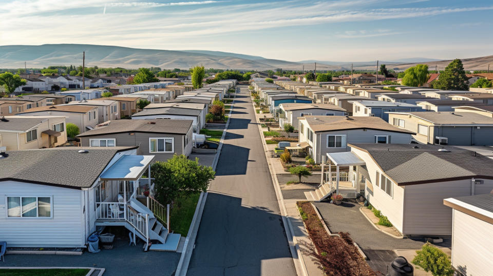 Aerial view of a residential neighborhood with manufactured homes and developed homesites.