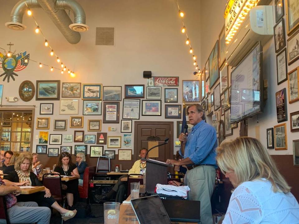 Lexington County GOP Chairman Mark Weber speaks at the party’s monthly meeting at the Flight Deck Restaurant in Lexington on Monday, Sept. 11, 2023.