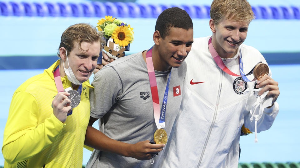 Australia's Jack McLoughlin p[oses after winning the silver medal in the 400m freestyle at theTokyo Olympics. (Photo by Jean Catuffe/Getty Images)