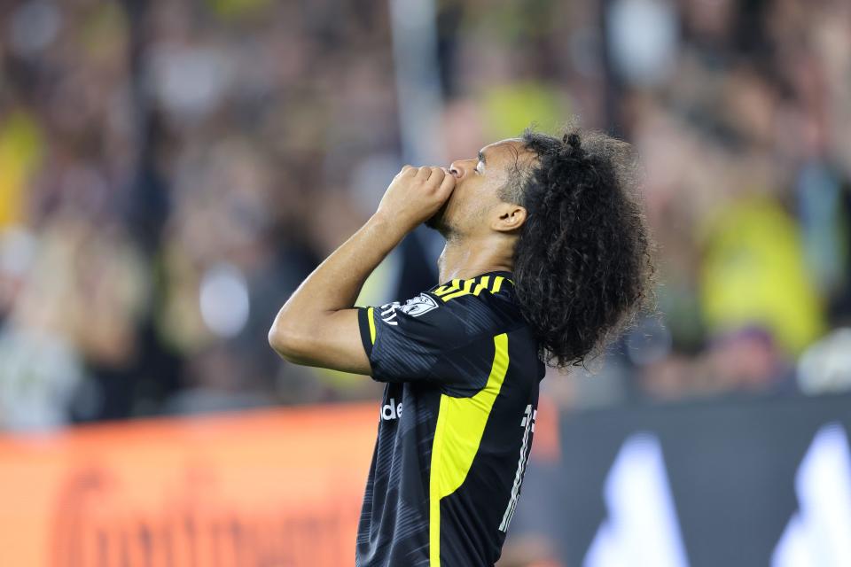 Sep 21, 2024; Columbus, Ohio, USA; Columbus Crew midfielder Aziel Jackson (13) celebrates his goal during the second half against the Orlando City at Lower.com Field. Mandatory Credit: Joseph Maiorana-Imagn Images