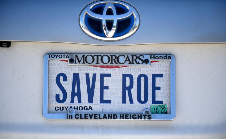 A license plate outside Northeast Ohio Women's Center in Cuyahoga Falls supports abortion rights.