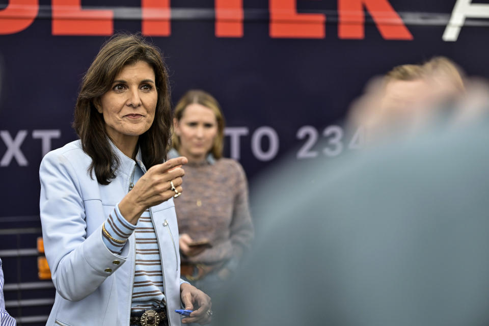 Republican presidential candidate former UN Ambassador Nikki Haley takes questions from a press member at a campaign event in Newberry, S.C., Saturday, Feb. 10, 2024. (AP Photo/Matt Kelley)