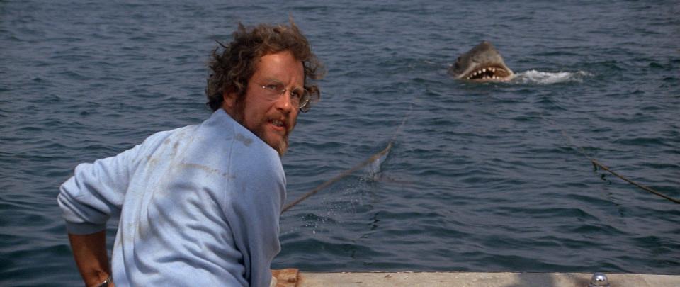 Richard Dreyfuss tries to do something about the pursuing man-eating shark in "Jaws."