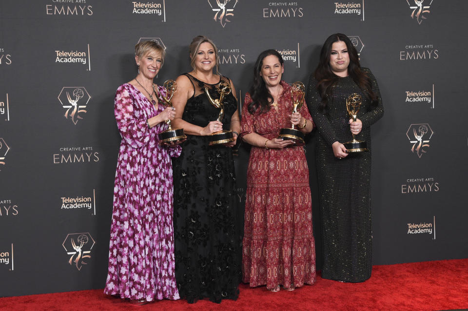 Jeanie Bacharach, from left, Jennifer Rudnicke, Mickie Paskal, and AJ Links pose in the press room with the award for outstanding casting for a comedy series for "The Bear" during night one of the Creative Arts Emmy Awards on Saturday, Jan. 6, 2024, at the Peacock Theater in Los Angeles. (Photo by Richard Shotwell/Invision/AP)