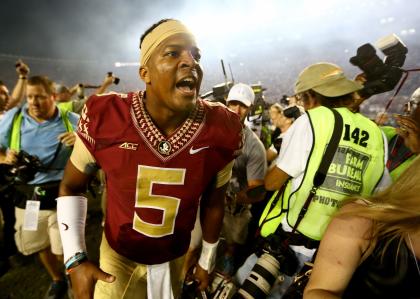 Jameis Winston celebrates after FSU's win over Notre Dame. (Getty)