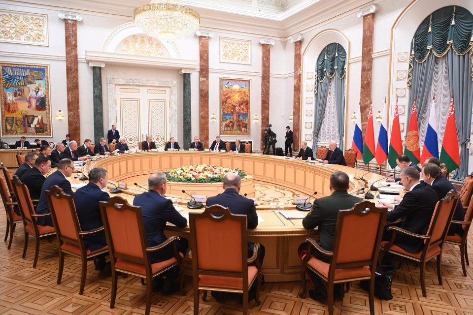 Russian President Vladimir Putin and Belarusian President Alexander Lukashenko attend the talks in Minsk, Belarus, Monday, Dec. 19, 2022. (Pavel Bednyakov, Sputnik, Kremlin Pool Photo via AP)