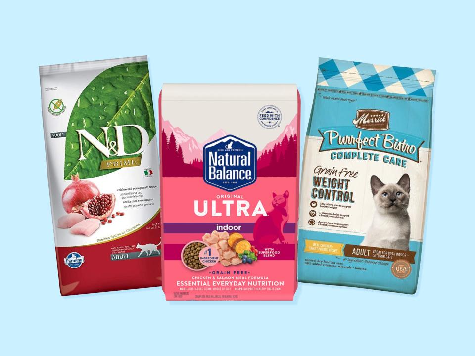 Three of the best dry cat food for indoor cats from Farmina, Merrick, and Natural Balance against a blue background.