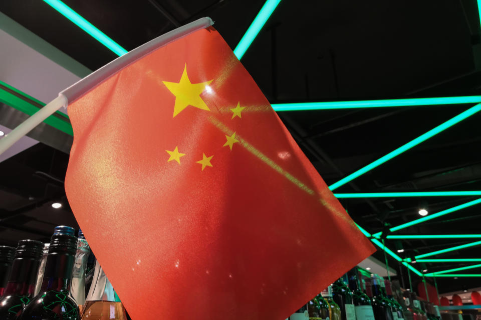 Beijing, China - September 28,  2019: A Chinese flag is hung in a supermarket to celebrate National Day in Beijing.