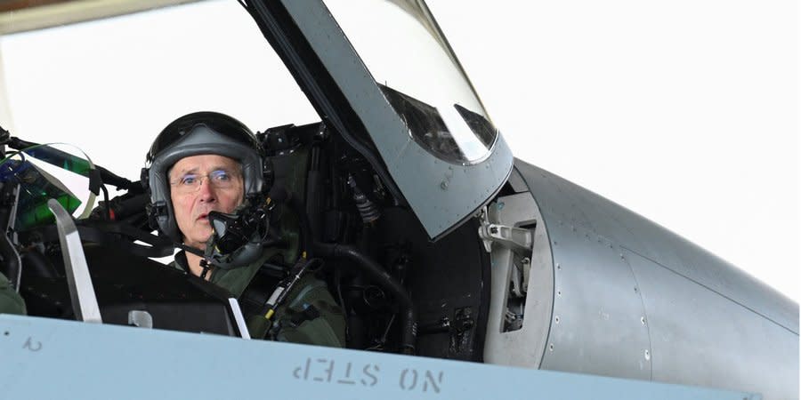 NATO Secretary General Jens Stoltenberg in a Eurofighter aircraft during the April 25 Laage base visit, Mecklenburg-Vorpommern, Germany