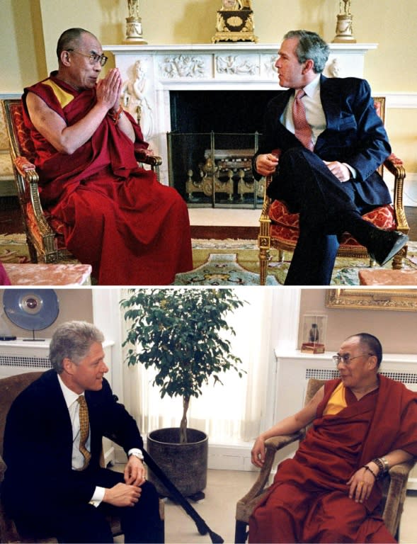 US President George W. Bush welcomes the Dalai Lama to the White House on May 23, 2001 and US President Bill Clinton meets the Tibetan spiritual leader at the White House on April 23, 1997