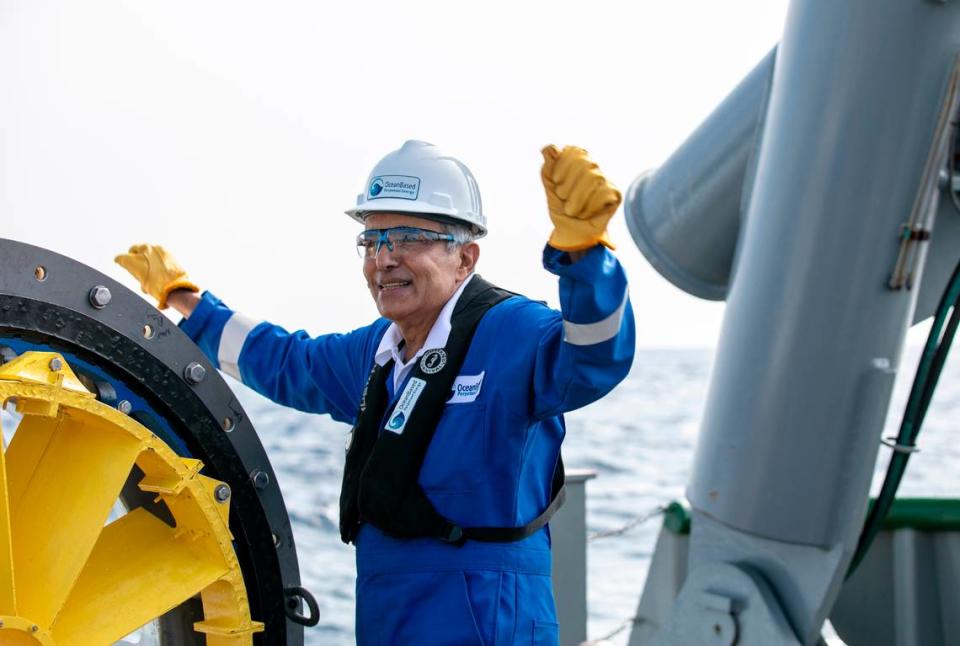 Nasser Alshemaimry, CEO of OceanBased Perpetual Energy, onboard a research vessel in the Gulf Stream during the turbine demonstration.