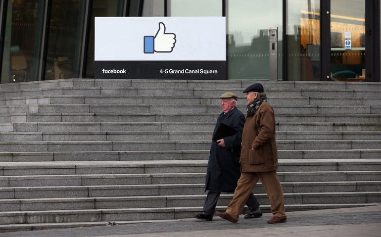 <span class="caption">Facebook’s EMEA headquarters in Dublin.</span> <span class="attribution"><a class="link " href="https://www.shutterstock.com/image-photo/dublin-ireland-09022017-facebooks-emea-europe-575596612?src=-eavnU8NEDs5bc97meN2oA-1-12" rel="nofollow noopener" target="_blank" data-ylk="slk:Laura Hutton/Shutterstock.com;elm:context_link;itc:0;sec:content-canvas">Laura Hutton/Shutterstock.com</a></span>