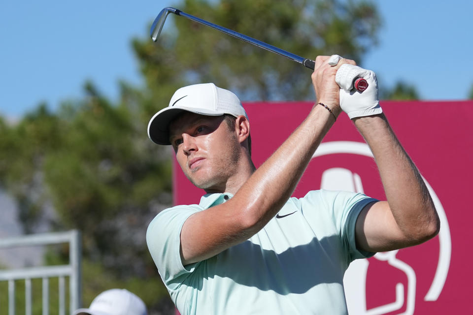 Cam Davis hits his tee shot on the first hole during the first round of the Shriners Children’s Open golf tournament at TPC Summerlin. Mandatory Credit: Ray Acevedo-USA TODAY Sports