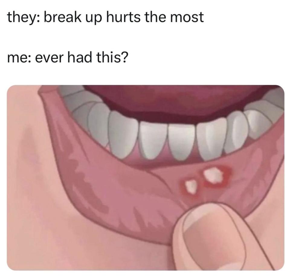 Cartoon of a person pointing to a painful mouth ulcer on their inner lower lip with text above: "they: break up hurts the most" and "me: ever had this?"