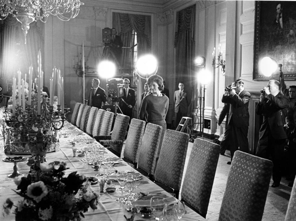 Jacqueline Kennedy shows off the State Dining Room in 1962.