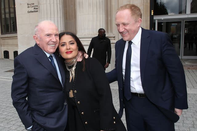 <p>Bertrand Rindoff Petroff/Getty Images</p> From left: François Pinault, 87, Salma Hayek, 56, and François-Henri Pinault, 61