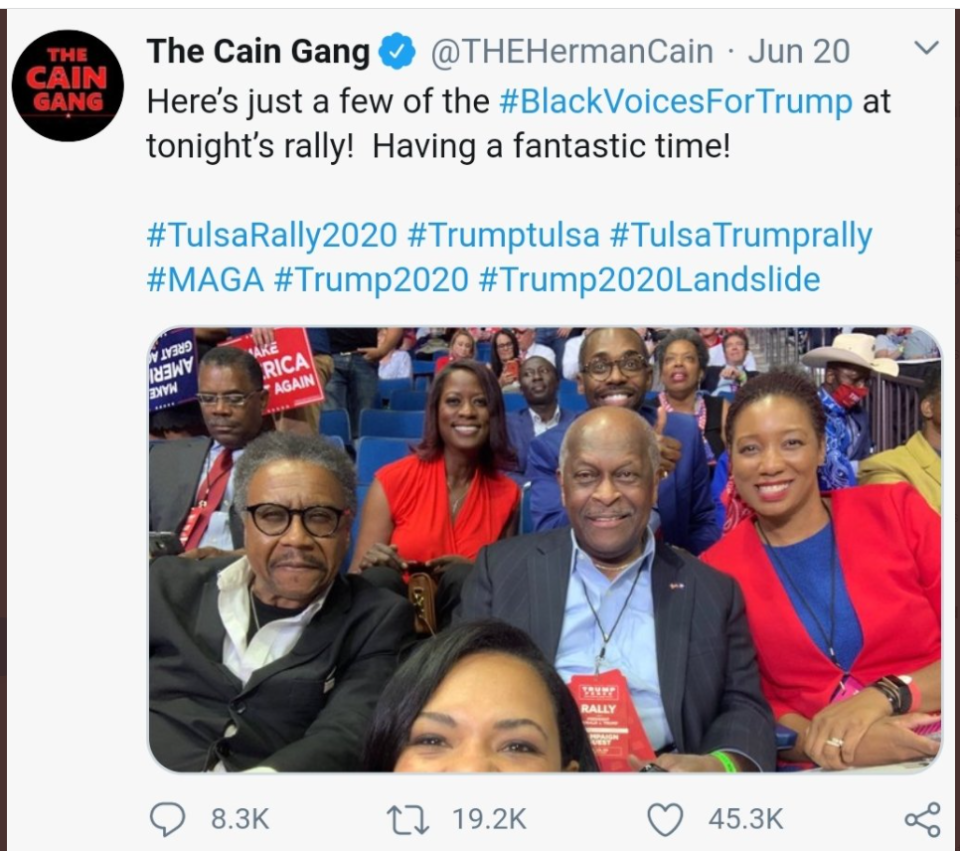 Twitter post by the late @THEHermanCain on June 20, 2020 at President Donald Trump's Tulsa rally.