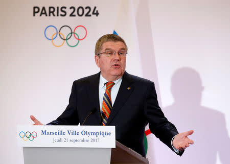 President of the International Olympic Committee (IOC) Thomas Bach attends a press conference during his visit at the future site of the sailing for the 2024 Summer Olympic Games in Marseille, France, September 21, 2017. REUTERS/Sebastien Nogier/Pool