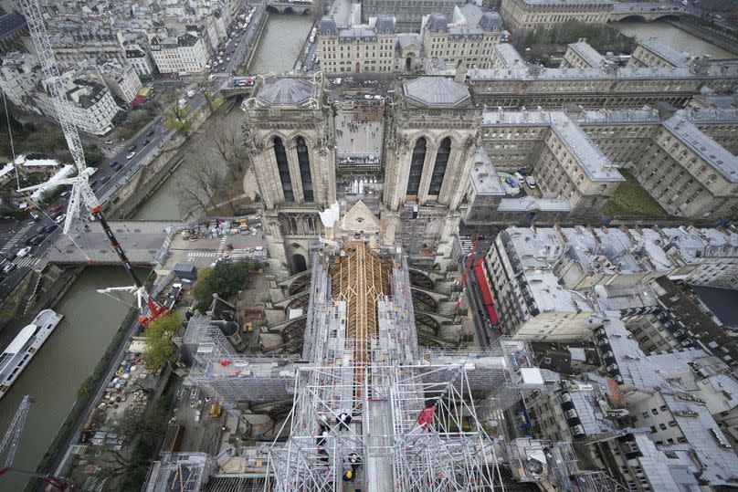 Notre Dame de Paris cathedral is pictured from the top of the spire, 8 December 2023 in Paris.