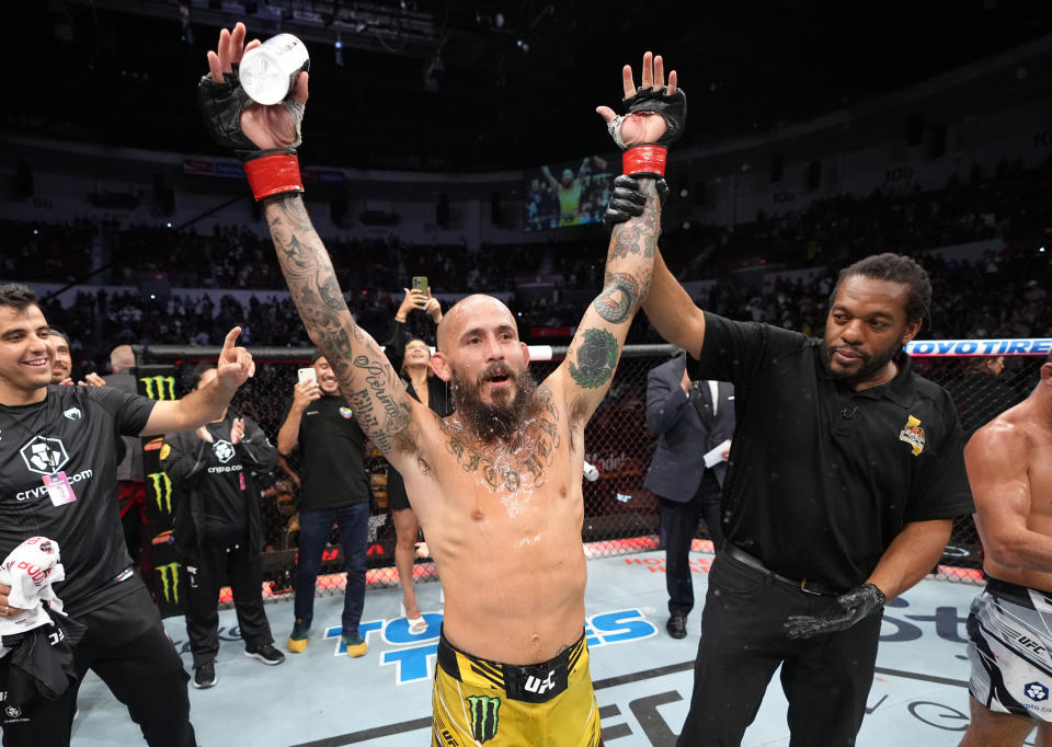 SAN DIEGO, CALIFORNIA - AUGUST 13: Marlon Vera of Ecuador reacts after his knockout victory over Dominick Cruz in a bantamweight fight during the UFC Fight Night event at Pechanga Arena on August 13, 2022 in San Diego, California. (Photo by Jeff Bottari/Zuffa LLC)