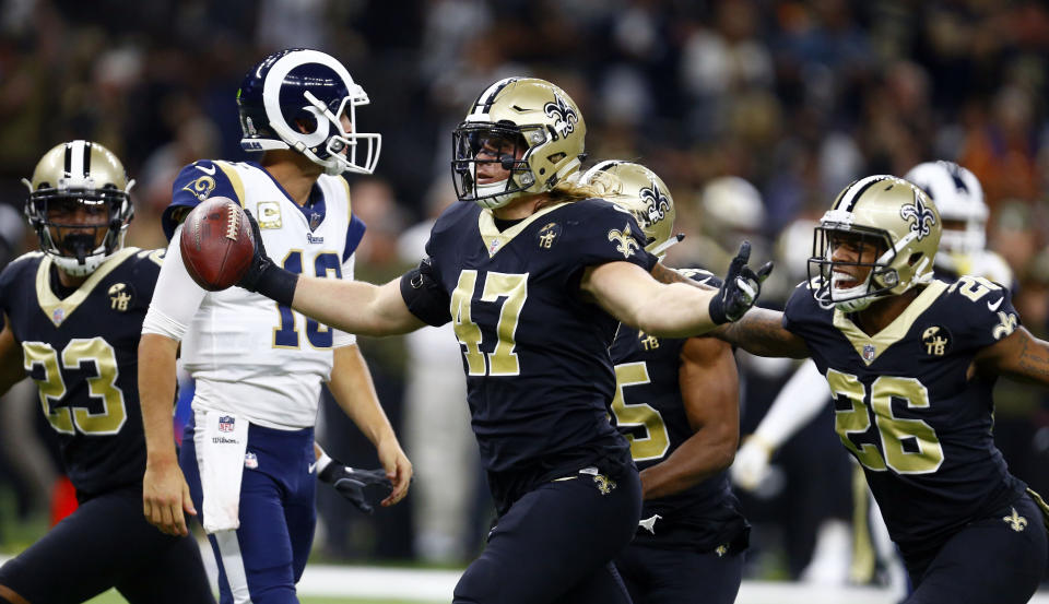 New Orleans Saints middle linebacker Alex Anzalone (47) celebrates after an interception in a win over the Rams. (AP)