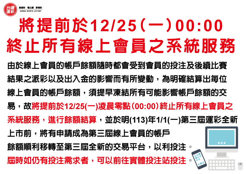 台灣運彩線上投注將從12/25凌晨0時起暫停7天。（台灣運彩公司提供）