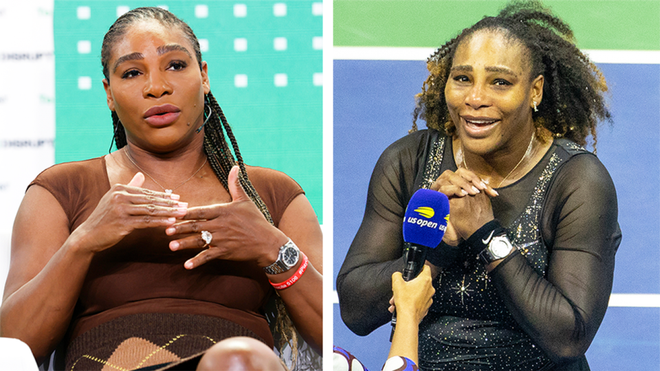 Serena Williams (pictured left) speaking at the TechCrunch and (pictured right) Williams emotional as she retires from tennis.