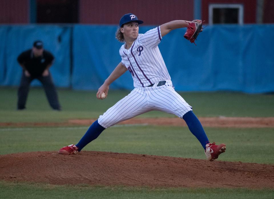 Pace High School's Walter Ford delivers the heat against Region 1-6A opponent University High on Tuesday, May 17, 2022. 