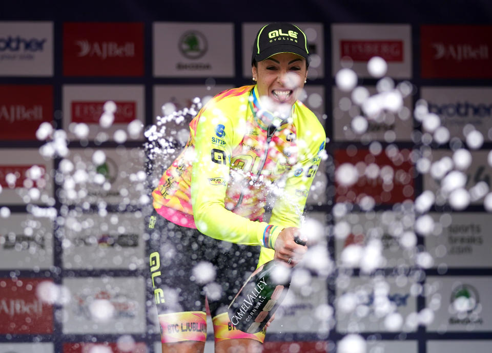 <p>Marta Bastianelli of team Cipollini celebrates winning the first stage of the AJ Bell Women's Tour from Bicester to Banbury. Picture date: Monday October 4, 2021.</p>
