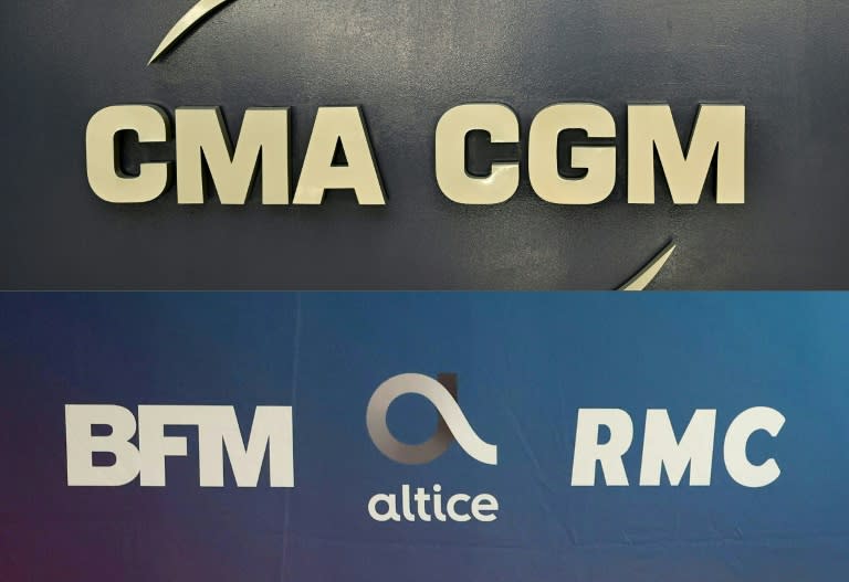 Combinaison créée le 24 mars 2024 des logos de l'armateur CMA CGM et d'Altice Media, maison mère de la chaîne de télévision BFMTV et de la radio RMC (Nicolas TUCAT)