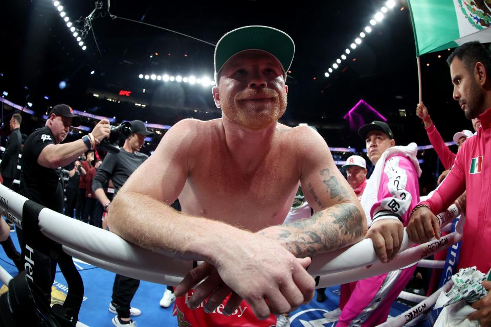 Canelo Alvarez reacts after losing against Dmitry Bivol at T-Mobile Arena in Las Vegas.