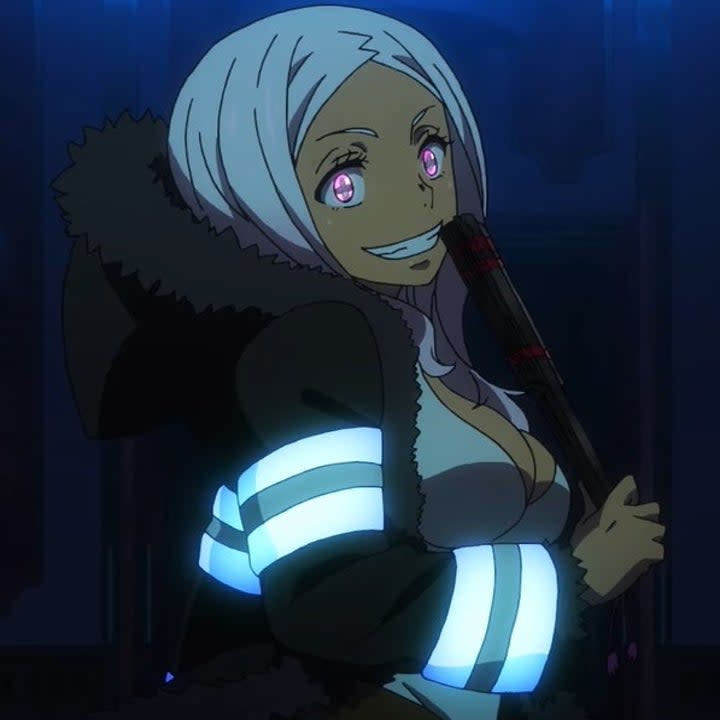 Princess Hibana looking crazy as she's smiling at the idea of hurting Shinra