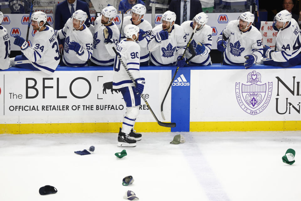 Toronto Maple Leafs center Ryan O'Reilly (90) celebrates his third goal during the third period of an NHL hockey game against the Buffalo Sabres, Tuesday, Feb. 21, 2023, in Buffalo, N.Y. (AP Photo/Jeffrey T. Barnes)