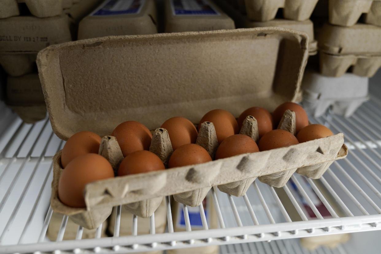 Cartons of eggs are for sale Tuesday, Jan. 10, 2023, at Historic Wagner Farm in Glenview, Ill. Anyone going to buy a dozen eggs these days will have to be ready to pay up. That's because a lingering bird flu outbreak, combined with soaring feed, fuel and labor costs, has led to prices more than doubling over the past year. (AP Photo/Erin Hooley)