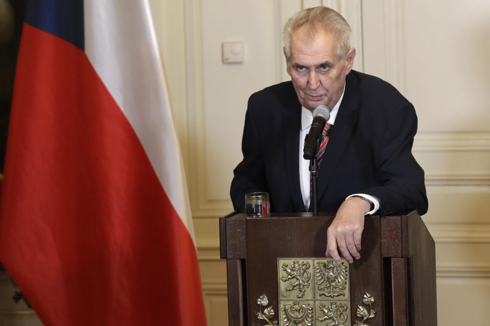 FILE - In this Tuesday, Oct. 31, 2017 file photo, Czech Republic's President Milos Zeman addresses media during a press conference in Lany, Czech Republic. Wednesday, March 8, 2023 marks the final day in office of outgoing Czech President Milos Zeman, with his opponents planning to celebrate. Zeman has polarized the Czechs during his two five-year terms in the normally largely ceremonial post with his support for closer ties with China and by being a leading pro-Russian voice in European Union politics. (AP Photo/Petr David Josek/File)