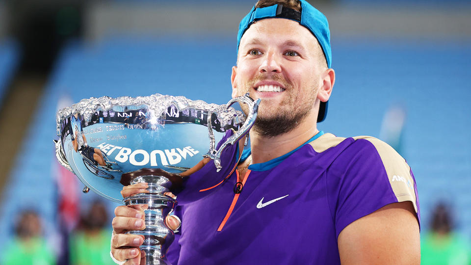 Dylan Alcott, pictured here after winning the quad wheelchair singles final at the Australian Open. 