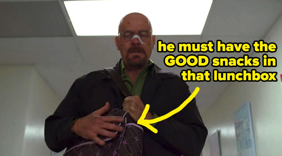 Walt clutches a shoulder bag resembling a lunchbox, and the caption says "he must have the GOOD snacks in that lunchbox"