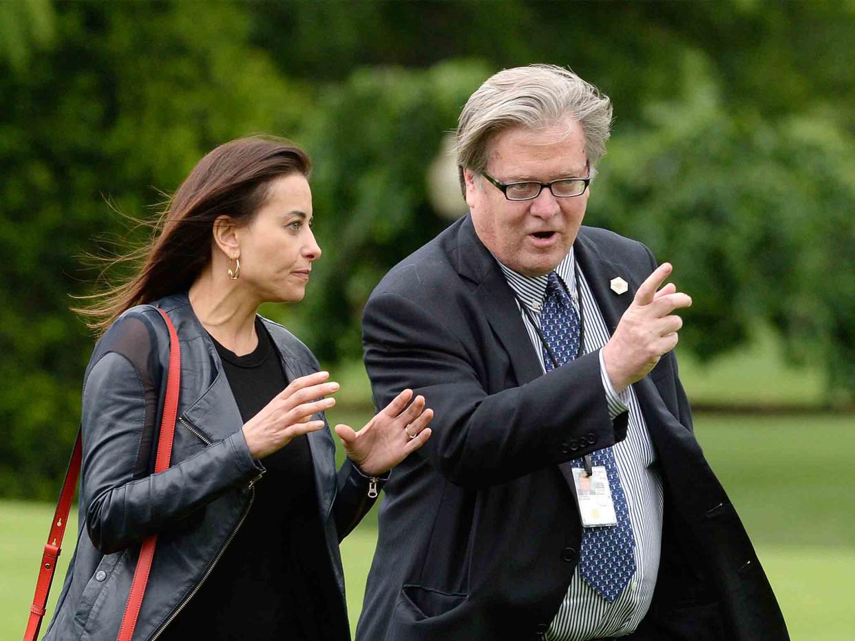 Dina Powell, pictured with former Trump chief strategist Steve Bannon, will quit the White House next year: Getty