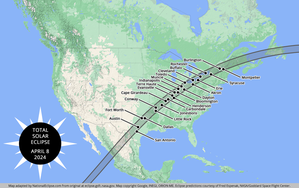 The eclipse's narrow path of totality will cross over 13 states, entering in Texas and exiting in Maine. Areas outside the path of totality will experience a partial solar eclipse.