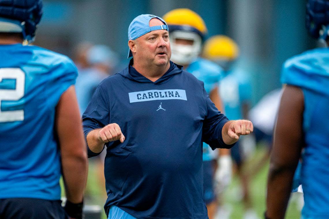 North Carolina tight ends coach Freddie Kitchen works with his players during the Tar Heels’ first practice of the season on Monday, July 29, 2024 in Chapel Hill, N.C.