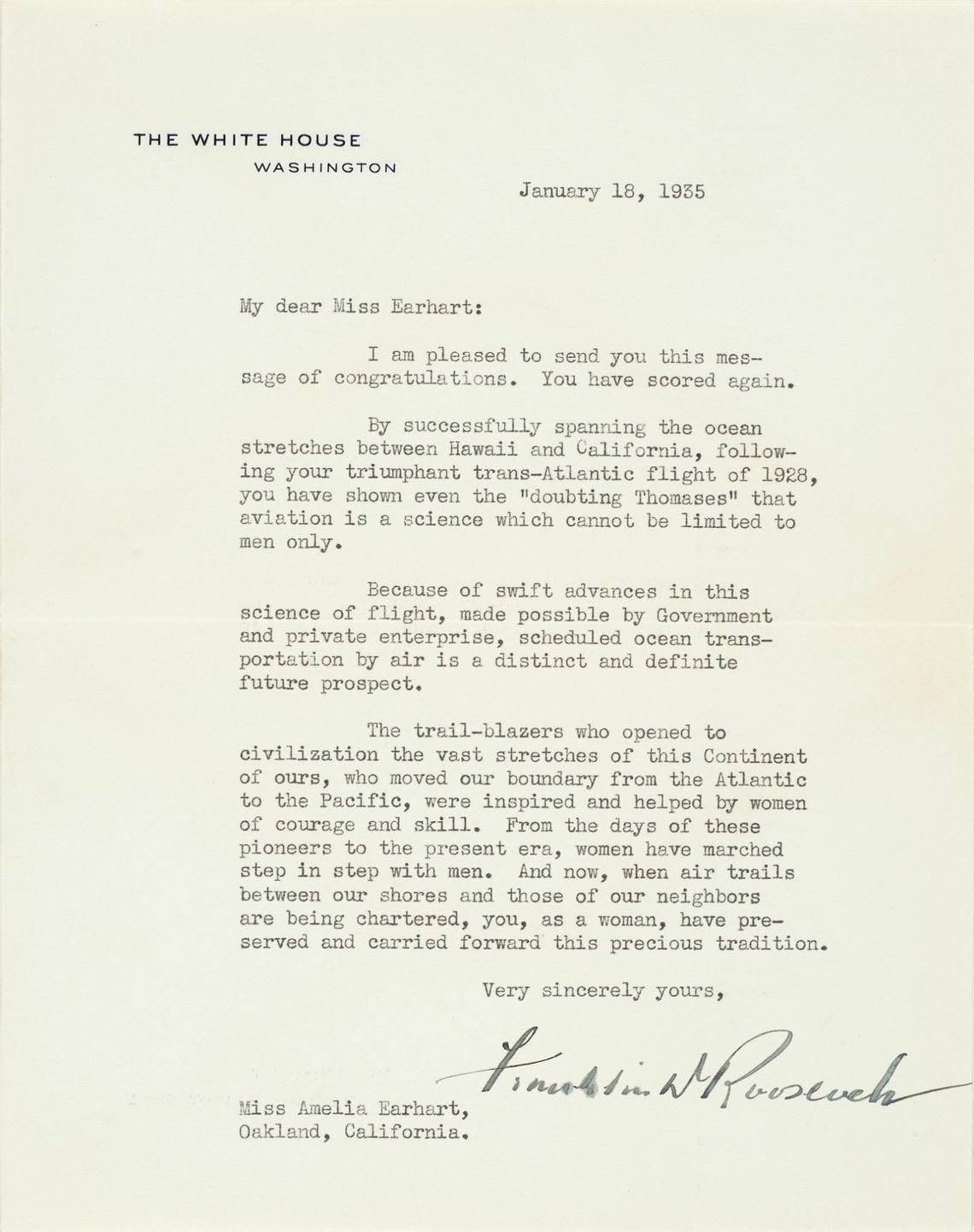 President Franklin D. Roosevelt wrote a fan letter to Amelia Earhart after her solo flight from Hawaii to the continental United States. Estimated value is $60,000 to $80,000. Courtesy Bonhams