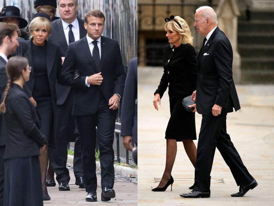 Emanuel macron and his wife and Joe Biden and his wife arriving at the queen's funeral