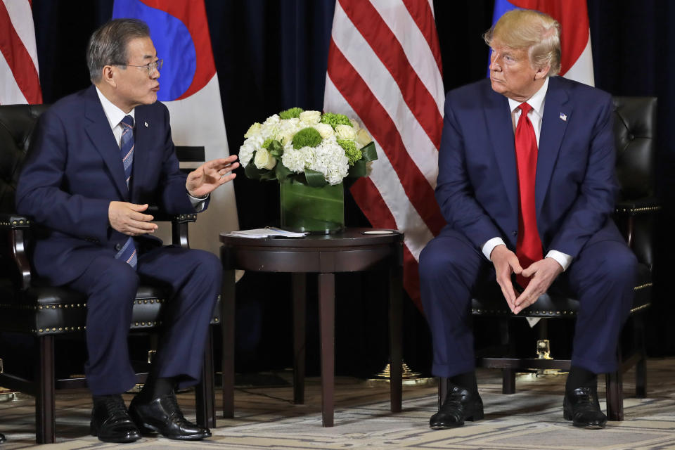 President Donald Trump meets with Korean President Moon Jae-in​ at the InterContinental Barclay hotel during the United Nations General Assembly, Monday, Sept. 23, 2019, in New York. (AP Photo/Evan Vucci)