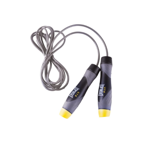 gray weighted jump rope with gray and black handles against white background