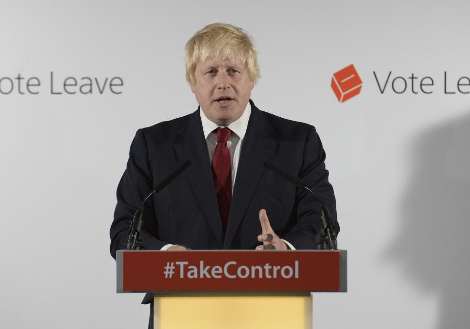 FILE - Vote Leave campaigner Boris Johnson holds a press conference at Vote Leave headquarters in London, June 24, 2016. Outgoing U.K. Prime Minister Boris Johnson has been the bane of Brussels for many years, from his days stoking anti-European Union sentiment with exaggerated newspaper stories to his populist campaign leading Britain out of the bloc and reneging on the post-Brexit trade deal he himself signed. (Stefan Rousseau/Pool via AP, file)