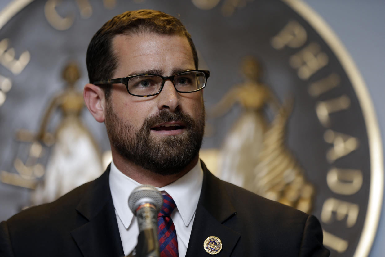 FILE - In this May 9, 2013, file photo, State Rep. Brian Sims D-Philadelphia speaks before Mayor Michael Nutter signs legislation that broadens equality protections for lesbian, gay, bisexual, and transgender people living and working in Philadelphia. Across the country, this week's landmark Supreme Court rulings on same-sex marriage have energized activists and politicians on both sides of the debate. (AP Photo/Matt Rourke, File)