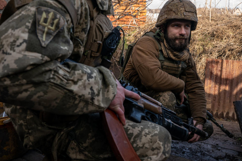 Ukrainian soldiers are seen in the north of Donetsk, Ukraine.